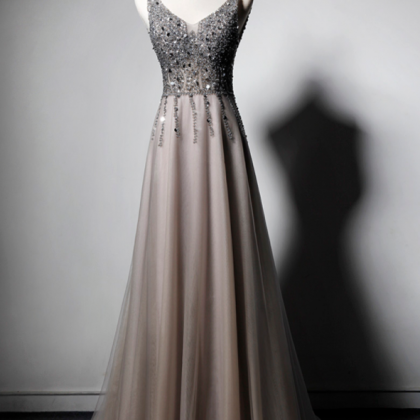 Beautiful Champagne Tulle Beaded Top Long Prom..