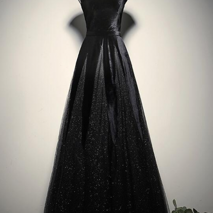 Elegant Black Velvet Cap Sleeves Evening Dress,..