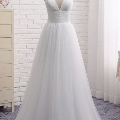 Simple White V Neck Tulle Long Prom Dress