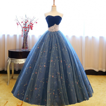 Ball Gown Sweetheart Sleeveless Blue Lace Prom..