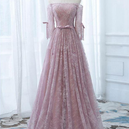 A-line Off-the-shoulder Tulle Pink Lace Prom Dress..