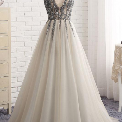 Sequined Silver V Neck Tulle A Line Prom..