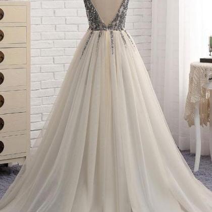 Sequined Silver V Neck Tulle A Line Prom..