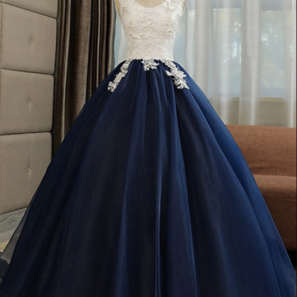 Vintage Navy Blue Tulle Long Sequined Quinceanera..