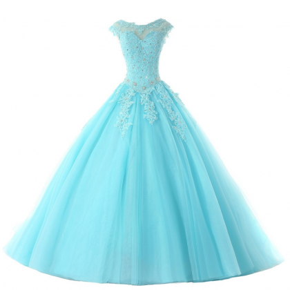 Elegant Blue Ball Gown Quinceanera Dress , Tulle..