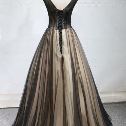 Prom Dresses Tulle V Neck Long Lace Applique..