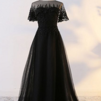 Black Tulle Long Party Dress With Lace Applique,..