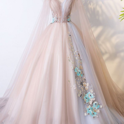Romantic Tulle V Neck Long Evening Dress,lace..