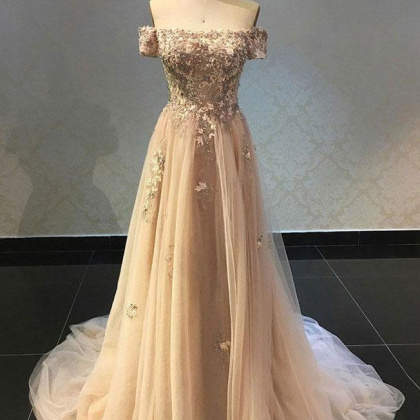 Off-shoulder A-line Long Prom Dress, Princess Long..