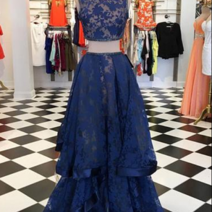 Two Pieces Long Dark Blue Lace Prom Dress, Dark..