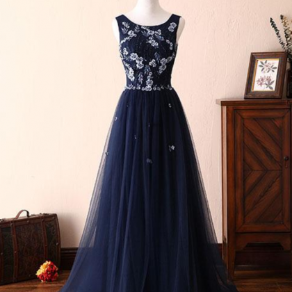 Dark Blue Lace Tulle Long Prom Dress, Formal Dress