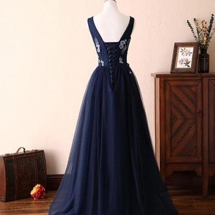 Dark Blue Lace Tulle Long Prom Dress, Formal Dress