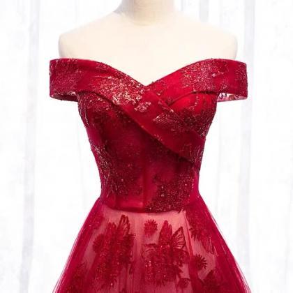 Style, Off Shoulder Prom Dress, Red Lace Glamorous..