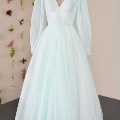 Simple V Neck Tulle Tea Length Prom Dress, Tulle..