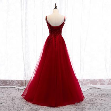 Burgundy Tulle Lace Long Prom Dress Lace Up Back