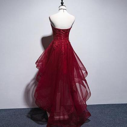 Burgundy Tulle Lace High Low Prom Dress, Evening..