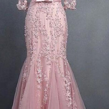 Pink Round Neck Tulle Lace Mermaid Long Prom..