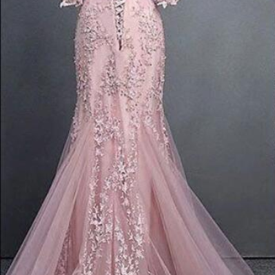 Pink Round Neck Tulle Lace Mermaid Long Prom..