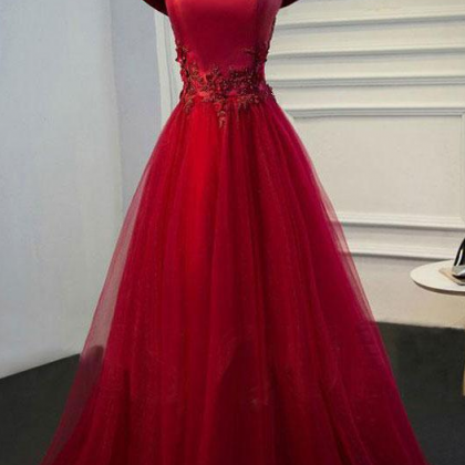 Burgundy Off Shoulder Lace Long Prom Dress..
