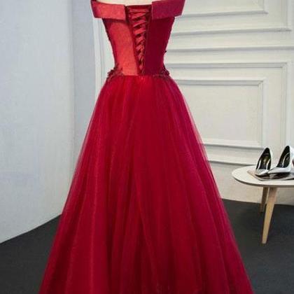 Burgundy Off Shoulder Lace Long Prom Dress..