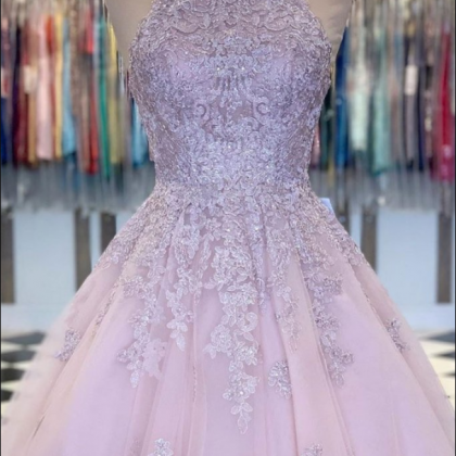 Pink High Neck Tulle Lace Short Prom Dress, Pink..