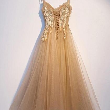 Champagne Tulle V Neck Spaghetti Straps Prom Dress..