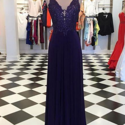 V-neck Long Prom Dresses With Appliques And..