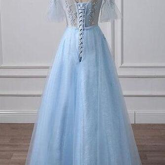 Blue Tulle Long Formal Prom Dress With Applique