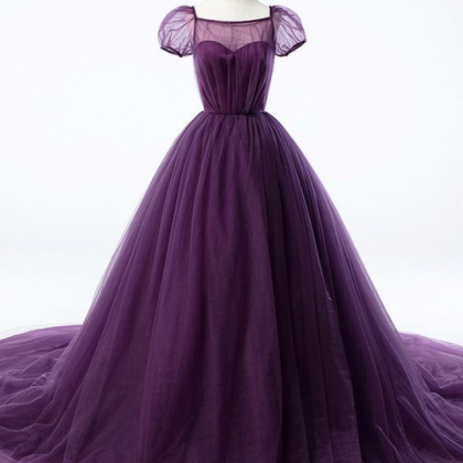 Purple Ball Gown Tulle Short Sleeve Backless Train..