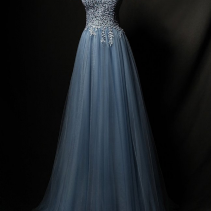 Blue Tulle Lace Long Prom Dress, Blue Tulle Formal..