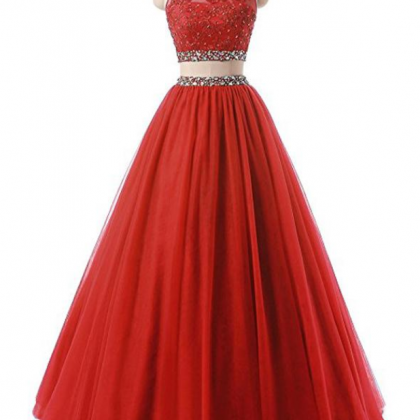 Red Two Pieces Rhinestone Tulle A-line Long..