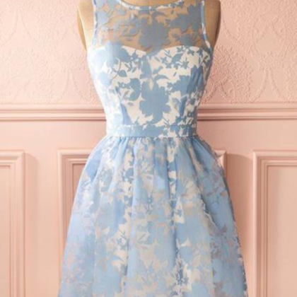 Mini Short Prom Dress, Simple Blue Lace Scoop Neck..