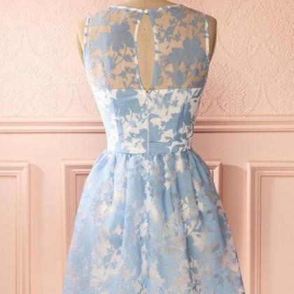 Mini Short Prom Dress, Simple Blue Lace Scoop Neck..