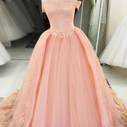 Princess Pink Tulle Off Shoulder Long Prom Dress,..