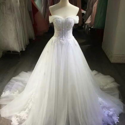 White Tulle Wedding Dress, Sexy Off Shoulder..