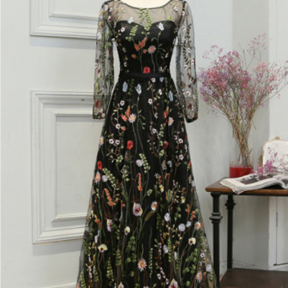Prom Dresses,princess Embroidered Dress Black Long..