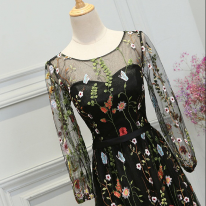 Prom Dresses,princess Embroidered Dress Black Long..