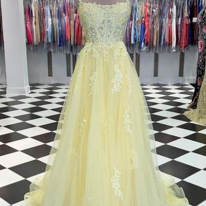 Yellow Tulle Lace Long Prom Dress Yellow Lace..