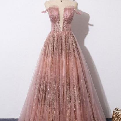 Pink Tulle Lace Long Prom Dress Pink Tulle Formal..