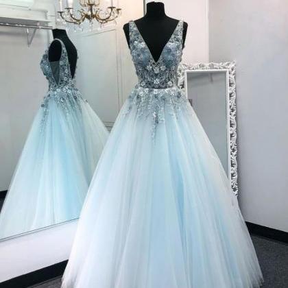 Blue V Neck Tulle Lace Long Prom Dress Blue Tulle..