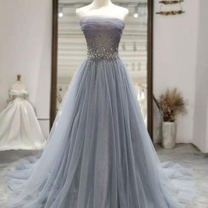 Gray Tulle Sequin Long Prom Dress, Gray Tulle..