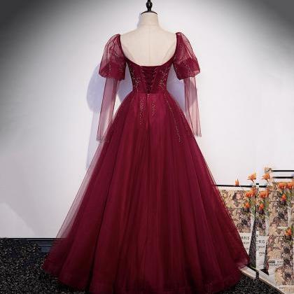 Burgundy Tulle Beads Long Prom Dress Evening Gown