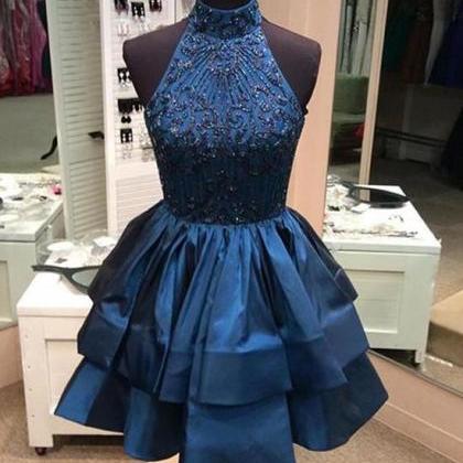 Cute High-neck Sequin Beaded Short Blue Prom..