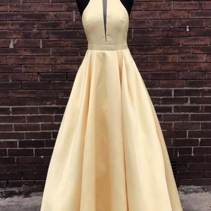 Simple Halter Yellow Satin Long Prom Dresses,..
