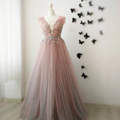 V Neck Applique Prom Dress, A Line Prom Dress