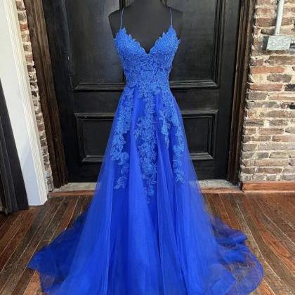 Blue V Neck Tulle Lace Long Prom Dress, Blue Lace..