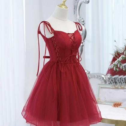 Burgundy Tulle Lace-up Short Prom Dress Party..