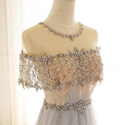 Prom Dresses, Round Neck Tulle Beads Long Prom..