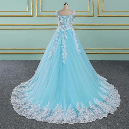 Blue Floral Prom Dresses Tulle Lace Appliques..