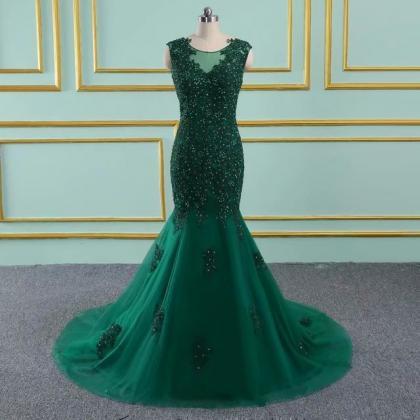 Floor Length Prom Dresses Tulle Beaded Appliques..